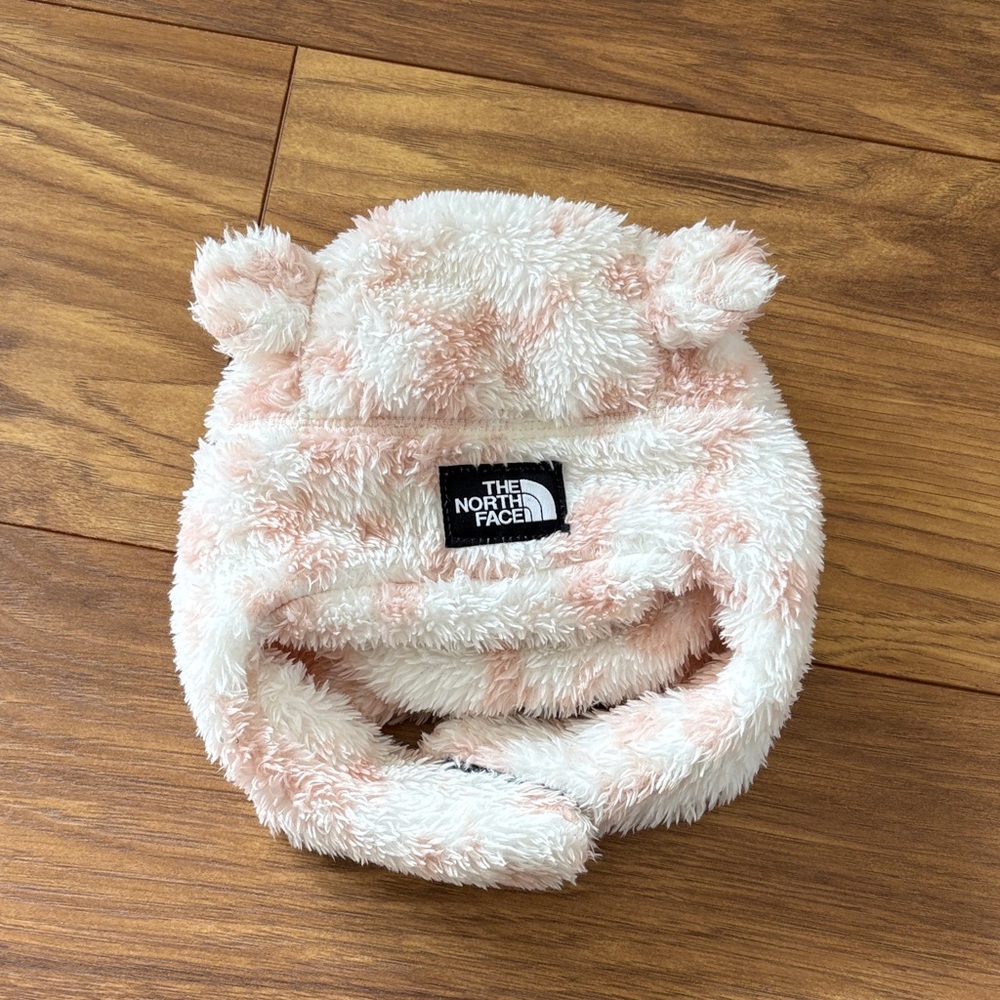 The North Face Baby Girl Plush Bear-Ear Hat in Pink and Cream